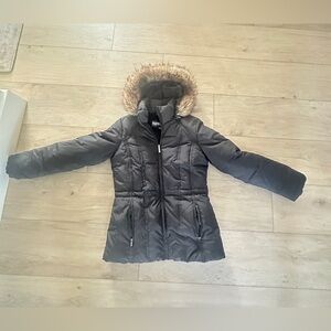 Black Puffer Jacket with Faux Fur Trim